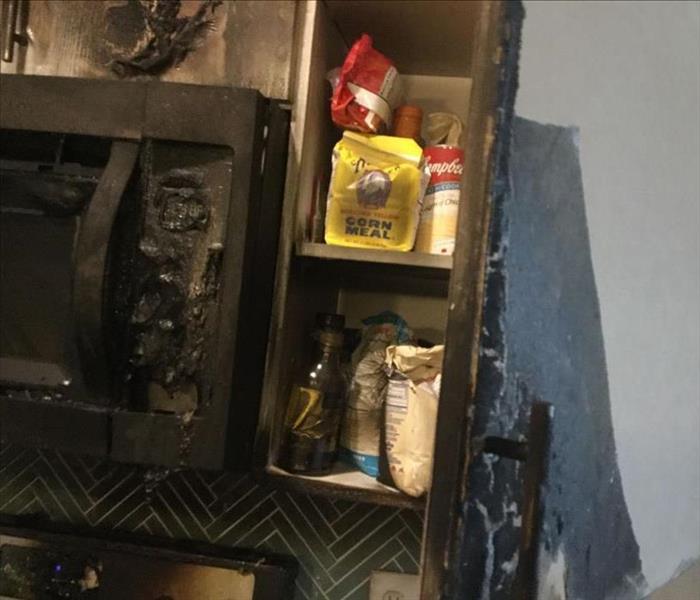 Fire damage to microwave and cabinets.